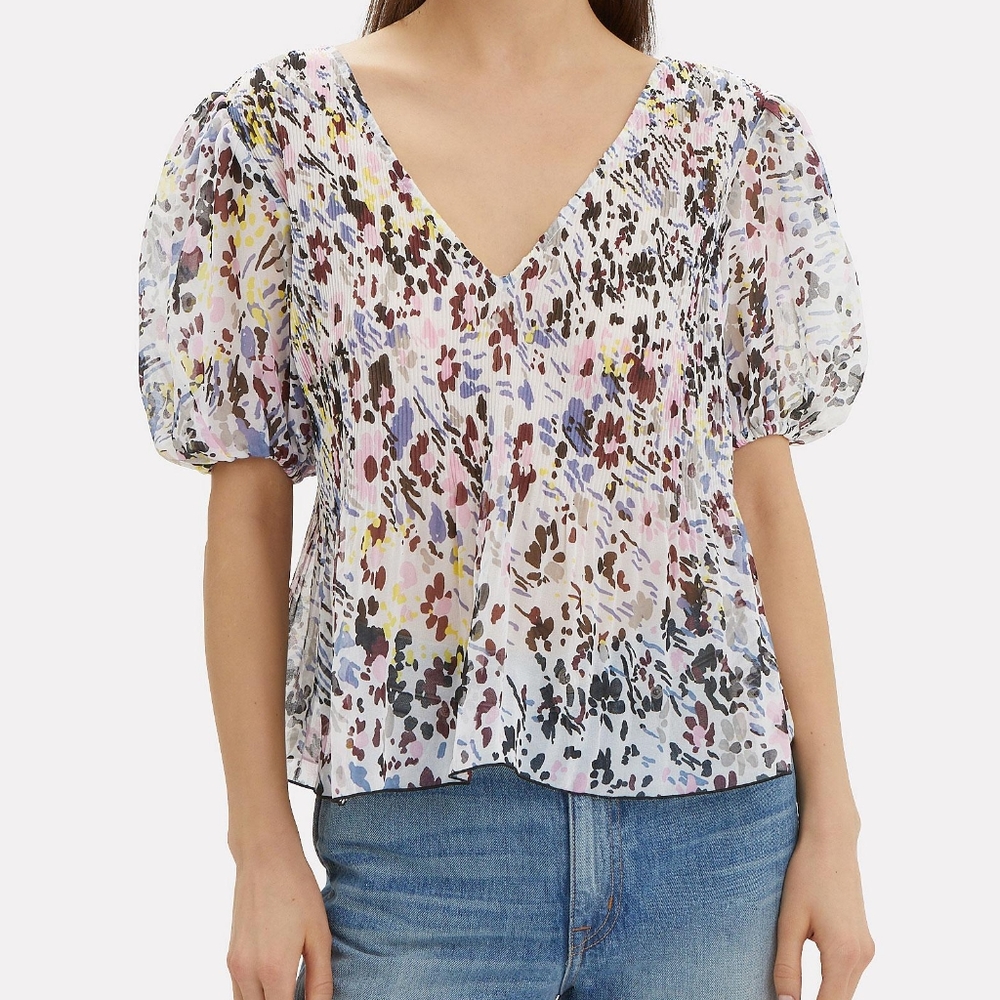 Ganni Egret Pleated Georgette Top